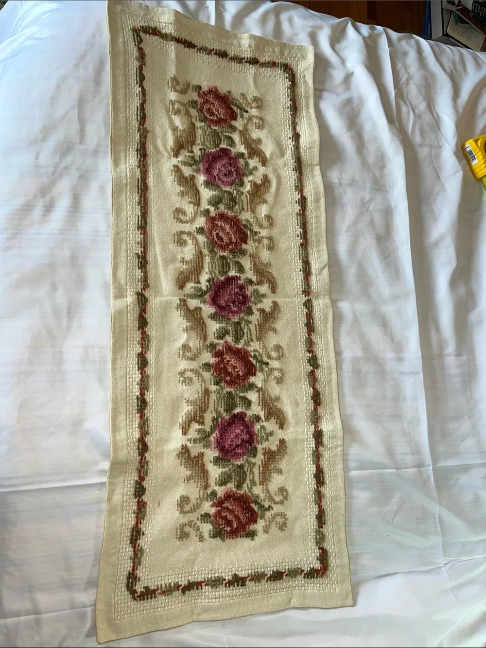 Vintage Handmade Floral Embroidered Table Runner in Cream and Pink 15”x39”
